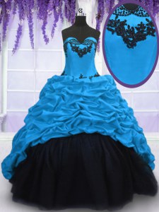 Blue Taffeta Lace Up Sweetheart Sleeveless With Train Ball Gown Prom Dress Sweep Train Appliques and Pick Ups