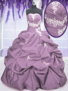 Fabulous Lilac Strapless Lace Up Appliques and Ruching and Pick Ups Sweet 16 Quinceanera Dress Sleeveless