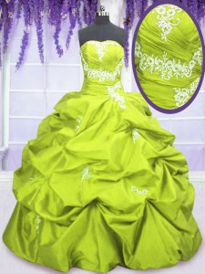 Glamorous Sleeveless Taffeta Floor Length Lace Up 15th Birthday Dress in Yellow Green with Appliques and Pick Ups