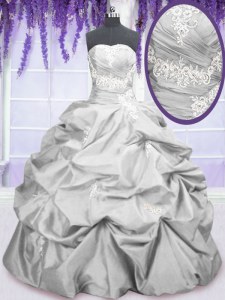 Affordable Taffeta Strapless Sleeveless Lace Up Embroidery and Pick Ups 15 Quinceanera Dress in Silver