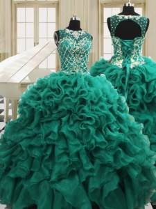Sumptuous Scoop Beading and Ruffles Ball Gown Prom Dress Teal Lace Up Sleeveless Floor Length