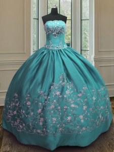 Exquisite Teal Ball Gowns Satin Strapless Sleeveless Embroidery Floor Length Lace Up 15th Birthday Dress