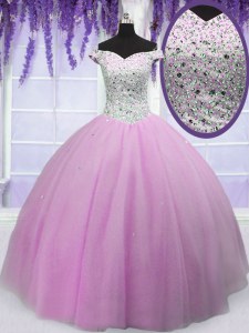 Off the Shoulder Lilac Short Sleeves Beading Floor Length Quince Ball Gowns