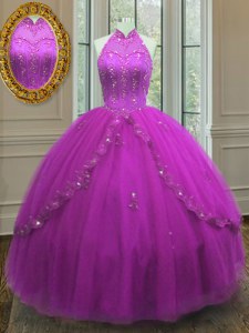 Spectacular Fuchsia Lace Up Quinceanera Dresses Beading and Appliques Sleeveless Floor Length