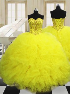 Glorious Sleeveless Floor Length Beading and Ruffles Lace Up Quinceanera Gowns with Light Yellow