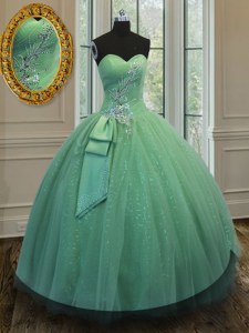 Floor Length Green Quinceanera Gown Tulle and Sequined Sleeveless Beading and Ruching and Bowknot