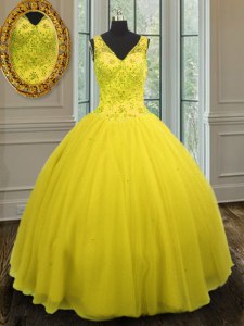 Custom Design Yellow Sleeveless Floor Length Beading Zipper Quinceanera Gowns