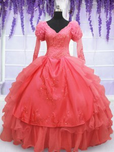 Artistic V-neck Long Sleeves Sweet 16 Quinceanera Dress Floor Length Beading and Embroidery Coral Red Organza