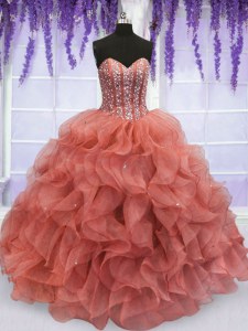 Dynamic Beading and Ruffles Quinceanera Dresses Watermelon Red Lace Up Sleeveless Floor Length