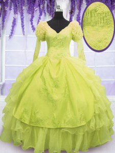 Trendy Yellow Green Lace Up 15 Quinceanera Dress Beading and Embroidery and Ruffles Sleeveless Floor Length
