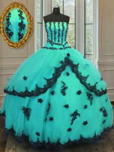 Floor Length Turquoise Quinceanera Dress Tulle Sleeveless Appliques