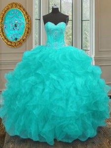 Customized Sleeveless Beading and Embroidery and Ruffles Lace Up Quinceanera Gowns