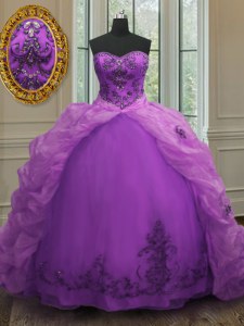 Purple Ball Gowns Sweetheart Sleeveless Organza With Train Court Train Lace Up Beading and Appliques and Pick Ups Ball Gown Prom Dress