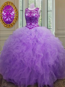 Cute Scoop Sleeveless Tulle Floor Length Lace Up Ball Gown Prom Dress in Lavender with Beading and Ruffles