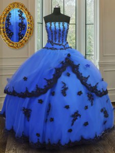 High Quality Blue Tulle Lace Up Strapless Sleeveless Floor Length Sweet 16 Quinceanera Dress Appliques