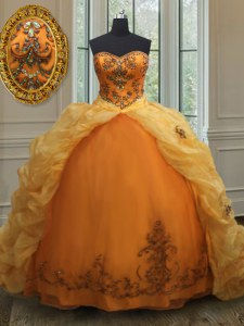 With Train Lace Up Quinceanera Gowns Orange for Military Ball and Sweet 16 and Quinceanera with Beading and Appliques and Pick Ups Court Train