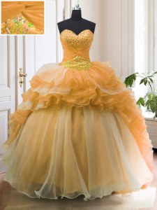 Sleeveless Sweep Train Beading and Ruffled Layers Lace Up Quinceanera Gowns