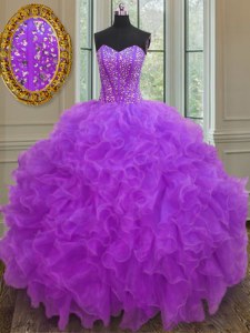Cheap Sleeveless Organza Floor Length Lace Up 15th Birthday Dress in Purple with Beading and Ruffles