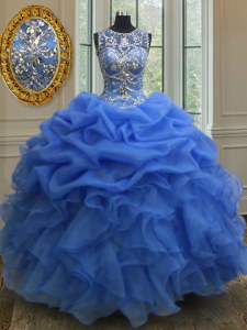 Scoop Sleeveless Floor Length Beading and Ruffles Lace Up Sweet 16 Dresses with Blue