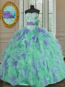 Extravagant Multi-color Sleeveless Beading and Appliques and Ruffles and Sashes ribbons and Hand Made Flower Floor Length Sweet 16 Dress