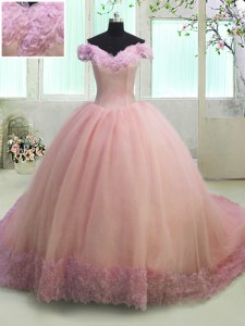 Dazzling Pink Off The Shoulder Neckline Hand Made Flower Quince Ball Gowns Short Sleeves Lace Up