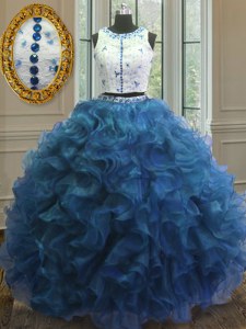 Dazzling Blue Scoop Clasp Handle Beading and Lace and Ruffles Vestidos de Quinceanera Sleeveless
