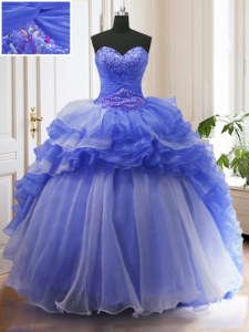 With Train Lace Up Sweet 16 Quinceanera Dress Blue for Military Ball and Sweet 16 and Quinceanera with Beading and Ruffled Layers Court Train