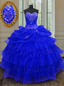 Low Price Royal Blue Lace Up Sweetheart Beading and Ruffled Layers and Pick Ups Sweet 16 Dress Organza Sleeveless