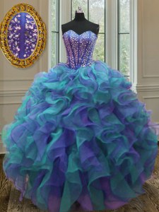 Multi-color Quinceanera Gown Military Ball and Sweet 16 and Quinceanera and For with Beading and Ruffles Sweetheart Sleeveless Lace Up