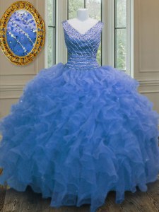 New Style Floor Length Blue Sweet 16 Dresses V-neck Sleeveless Zipper