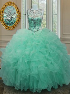 Scoop Organza Sleeveless Floor Length Ball Gown Prom Dress and Beading and Ruffles