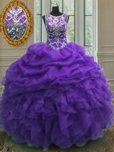Customized Scoop Sleeveless Lace Up Floor Length Beading and Ruffles and Pick Ups Quinceanera Gown