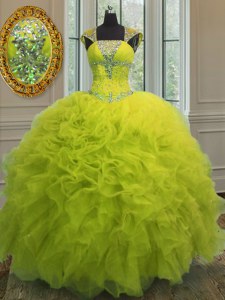 Exquisite Straps Cap Sleeves Floor Length Beading and Ruffles and Sequins Lace Up Sweet 16 Dresses with Yellow Green