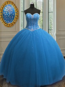 Blue Sleeveless Beading and Sequins Floor Length Quinceanera Gown