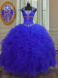 Straps Cap Sleeves High Low Beading and Ruffles and Sequins Lace Up 15 Quinceanera Dress with Blue
