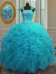 Fantastic Straps Cap Sleeves Organza Floor Length Lace Up 15 Quinceanera Dress in Aqua Blue with Beading and Ruffles and Sequins