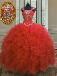 Straps Coral Red Cap Sleeves Floor Length Beading and Ruffles and Sequins Lace Up 15th Birthday Dress