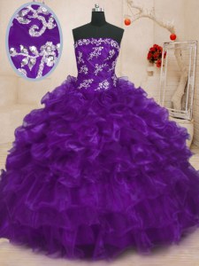 Purple Strapless Lace Up Beading and Appliques and Ruffles Sweet 16 Dresses Sleeveless