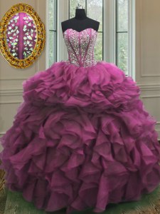 Admirable Beading and Ruffles Sweet 16 Dress Fuchsia Lace Up Sleeveless Floor Length
