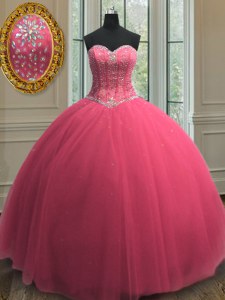 Hot Pink Tulle Lace Up Sweetheart Sleeveless Floor Length Vestidos de Quinceanera Beading and Sequins