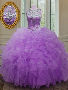 Customized Lilac Ball Gowns Scoop Sleeveless Organza Floor Length Lace Up Beading and Ruffles Quinceanera Gown