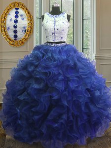 Sophisticated Ball Gowns Quince Ball Gowns Royal Blue Scoop Organza Sleeveless Floor Length Clasp Handle