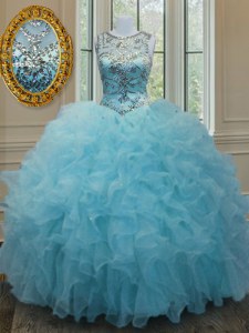 Classical Scoop Beading and Ruffles Quinceanera Dress Aqua Blue Lace Up Sleeveless Floor Length
