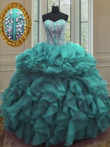 Trendy Turquoise Organza Lace Up Ball Gown Prom Dress Sleeveless Floor Length Beading and Ruffles