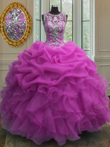 Gorgeous Organza Scoop Sleeveless Lace Up Beading and Ruffles and Pick Ups Quinceanera Gowns in Fuchsia