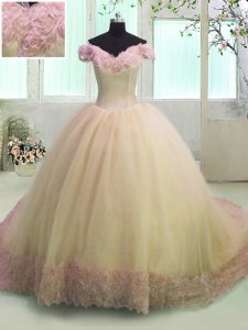 Off the Shoulder Yellow Lace Up Sweet 16 Quinceanera Dress Hand Made Flower Short Sleeves With Train Court Train