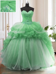 Sophisticated Ruffled Green Sleeveless Organza Sweep Train Lace Up Sweet 16 Dress for Military Ball and Sweet 16 and Quinceanera