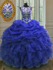 Spectacular Scoop Royal Blue Sleeveless Floor Length Beading and Ruffles and Pick Ups Lace Up Sweet 16 Dress