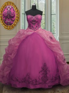 Lovely Fuchsia Ball Gowns Sweetheart Sleeveless Organza With Train Court Train Lace Up Beading and Appliques and Pick Ups Quinceanera Gowns