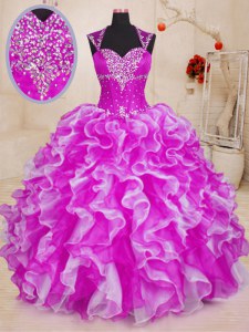Deluxe Fuchsia Ball Gowns Sweetheart Sleeveless Organza Floor Length Lace Up Beading and Ruffles Sweet 16 Dresses